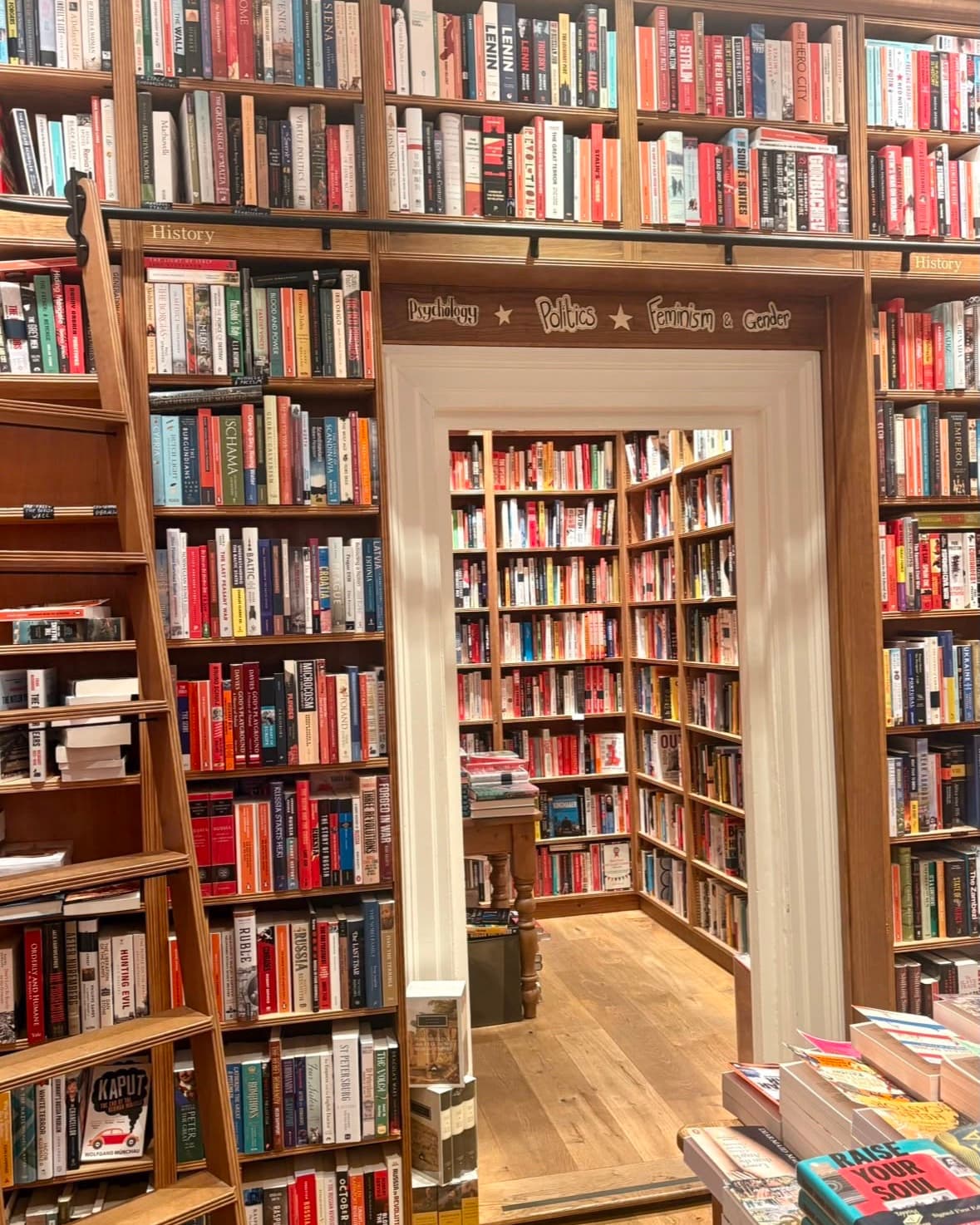 A doorway in an independent bookshop, shelves floor to ceiling on both sides and a ladder against the history section.