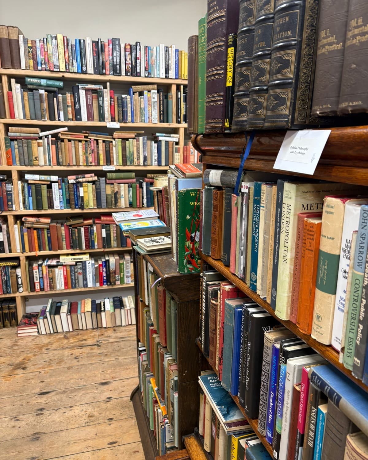 Secondhand shelves in a bookshop, mismatched cloth and paper spines from floor to ceiling.